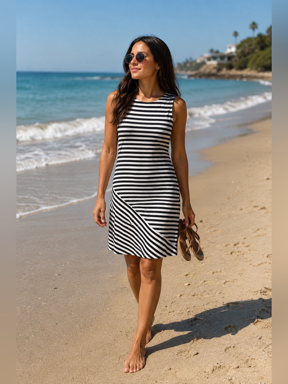 Calvin Klein Black and White Striped Sleeveless Dress